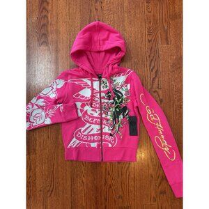 NWT Death Before Dishonor Ed Hardy Tiger Crown Pink Crop Zip Hoodie XS